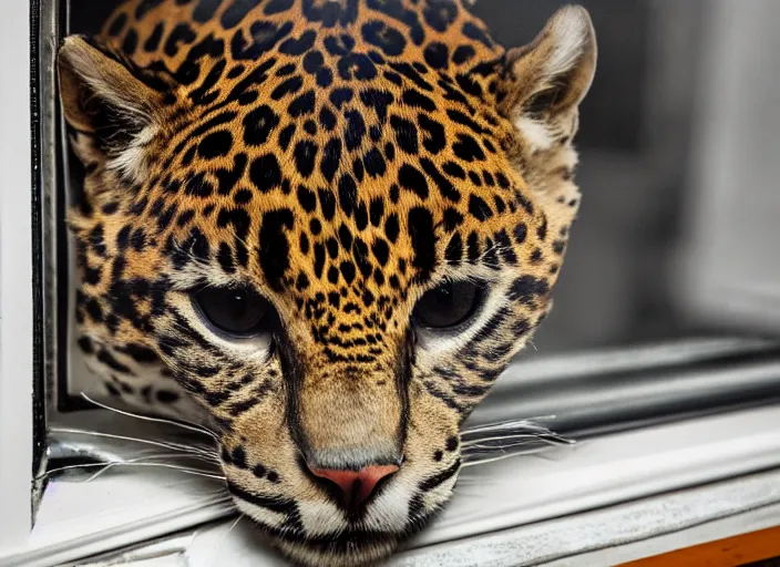 Image similar to photography of a Jaguar Cat . watching outside the window. on a bed. in a 70's room full of vinyls and posters, photorealistic, award winning photo, 100mm, sharp, high res