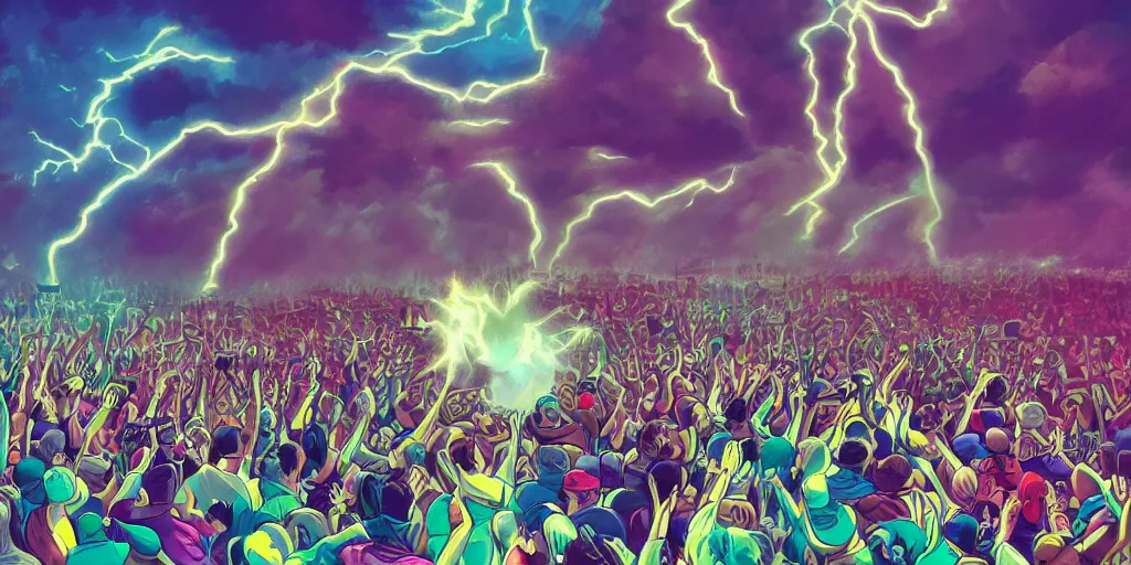 Image similar to Lightning strikes while rapper leaning over huge crowd reaching up to him, digital art, vapor wave, hip hop, surreal, trending on Artstation, professional artist, detailed, 4k