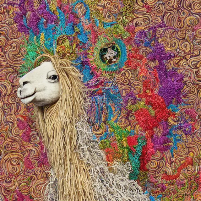 Prompt: llama with dreadlocks, colorful, detailed, by ernst haeckel, james jean, el anatsui, mandy jurgens