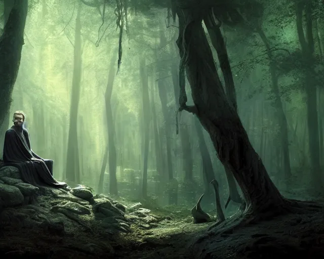 Image similar to photo of liam neeson as a djinn, in a forest. magical atmosphere. art by greg rutkowski. highly detailed 8 k. intricate. lifelike. soft light. nikon d 8 5 0.