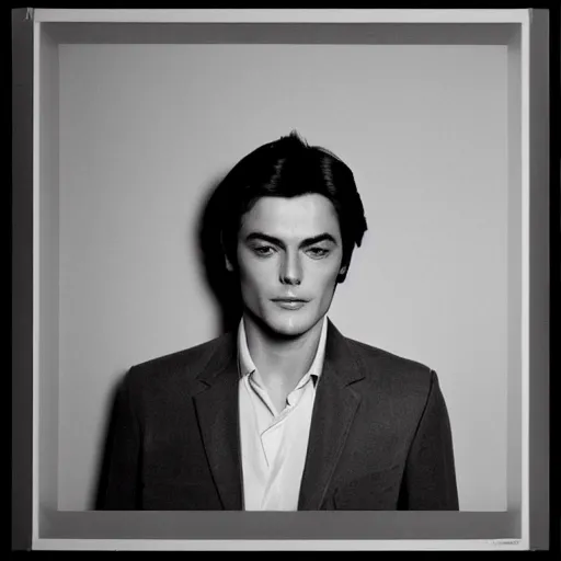 Image similar to stunning symmetrical portrait of alain delon in front of a tall moog synthesizer, high contrast grainy blank and white photography print ilford warm tone, huge modular synthesizer!!!!!!!