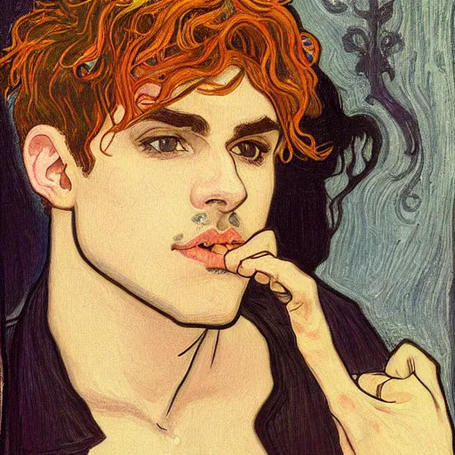 Image similar to painting of young cute handsome beautiful dark medium wavy hair man in his 2 0 s named shadow taehyung at the halloween pumpkin jack o'lantern party, depressed, melancholy, autumn, japan, elegant, clear, painting, stylized, delicate, soft facial features, delicate facial features, soft art, art by alphonse mucha, vincent van gogh, egon schiele