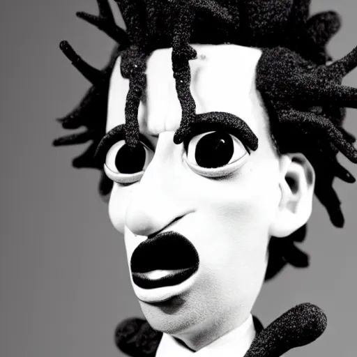 Image similar to a cartoon claymation medium close up sculpture of Playboi Carti, in the style of Tim Burton, black and white, high contrast