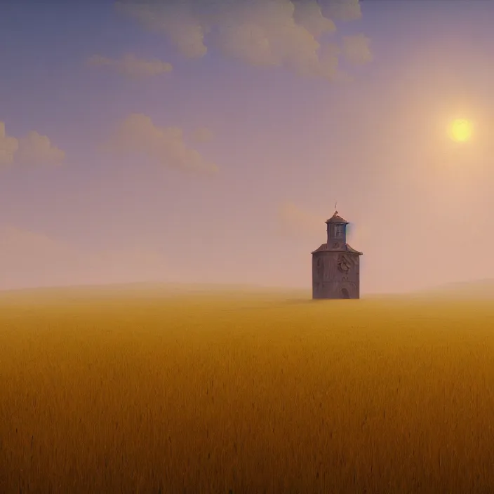 Image similar to a beautiful painting of a clock tower in a field of golden wheat by ivan aivazovsky and zdzisław beksinski and rene magritte and greg rutkowski and james gurney, in style of digital art. hyper detailed. octane render. maya. trending on artstation