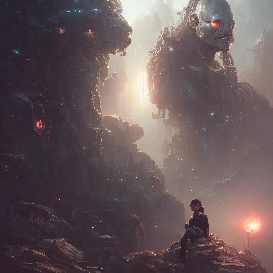 Image similar to portrait of cyborg, stephen bliss, unreal engine, fantasy art by greg rutkowski, loish, rhads, ferdinand knab, makoto shinkai and lois van baarle, ilya kuvshinov, rossdraws, tom bagshaw, global illumination, radiant light, detailed and intricate environment