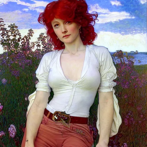 Prompt: A woman with red hair and long pixie haircut in shorts and white shirt drawn by Donato Giancola and Jon Foster, Frank Frazetta, Alphonse Mucha, background by James Jean and Gustav Klimt, French Nouveau, 4K hyperrealism