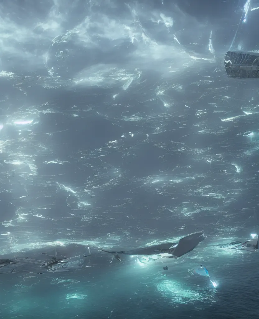 Prompt: crescent shaped pelagic city floating on the water, fusion of subnautica and star trek, aquaculture farms in the water around, boats of different sizes, in the style of john eaves ron walotsky ralph mcquarrie, soft natural volumetric lighting, realistic 4 k unreal engine 5 beautifully detailed render, 4 k post processing, trending on artstation
