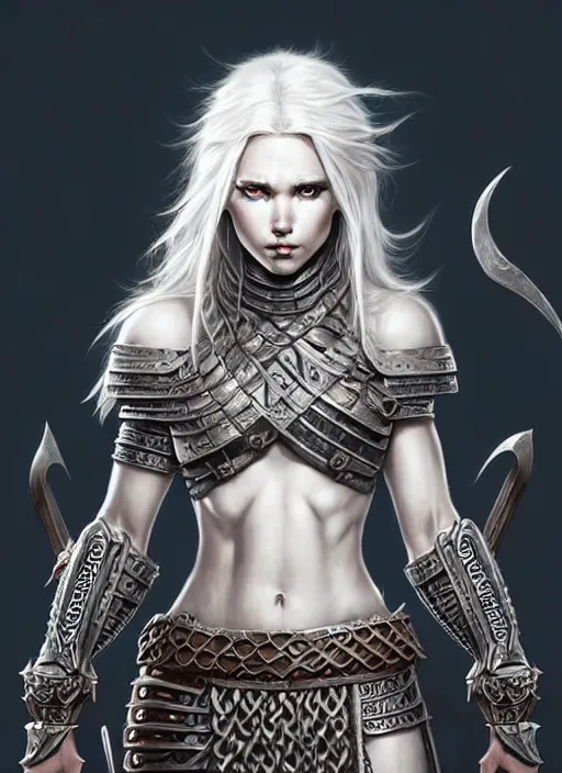 Prompt: barbarian, plated armor!!! long wild white hair!! fantasy, d & d, intricate ornate details, digital painting, beautiful eyes!, pretty face!!, symmetry, concept art, sharp focus, illustration, art by artgerm! greg rutkowski magali villeneuve wlop! ilya kuvshinov!!, octane render