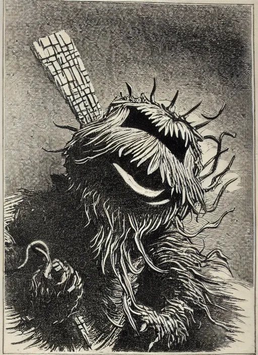 Image similar to cookie monster as a demon from the dictionarre infernal, etching by louis le breton, 1 8 6 9, 1 2 0 0 dpi scan, ultrasharp detail, clean scan