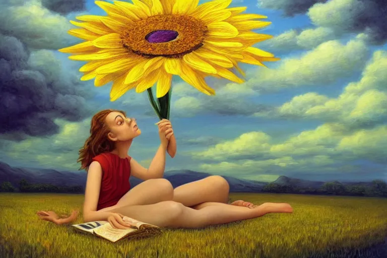 Image similar to giant daisy flower head, woman sitting, surreal, clouds in sky, impressionist painting, digital painting, artstation, rob gonsalves