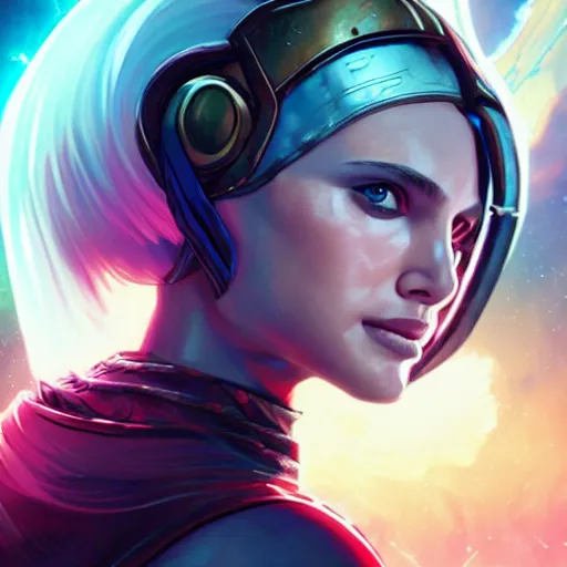 Prompt: highly detailed portrait of Natalie Portman Thor ((((THOR)) by Dustin Nguyen, Akihiko Yoshida, Greg Tocchini, Greg Rutkowski, Cliff Chiang, 4k resolution, nier:automata inspired, bravely default inspired, vibrant neon color scheme!!! ((Space nebula background))