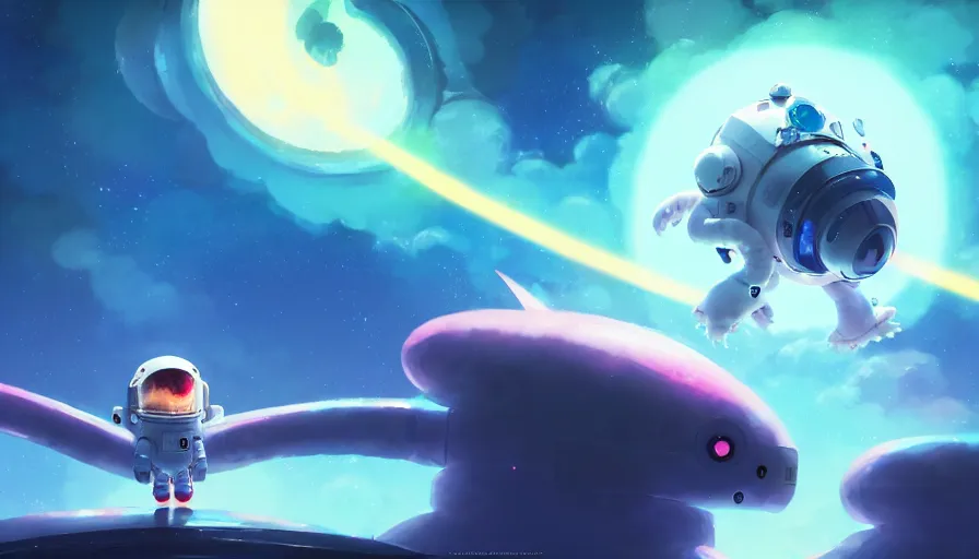 Image similar to a still of a cute kawaii astronaut android riding a large neon kaiju dragon, nebulous background of dynamic space, a dramatic composition by wlop and greg rutkowski and makoto shinkai and studio ghibli and kyoto animation cute bubbly clothing, highly detailed, digital painting, matte