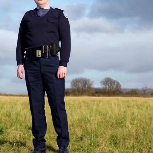 Image similar to clean - shaven chubby chubby chubby 3 2 year old caucasian man from uk. he is wearing navy police sweater and necktie and black boots and police helmet. he is standing in a field.