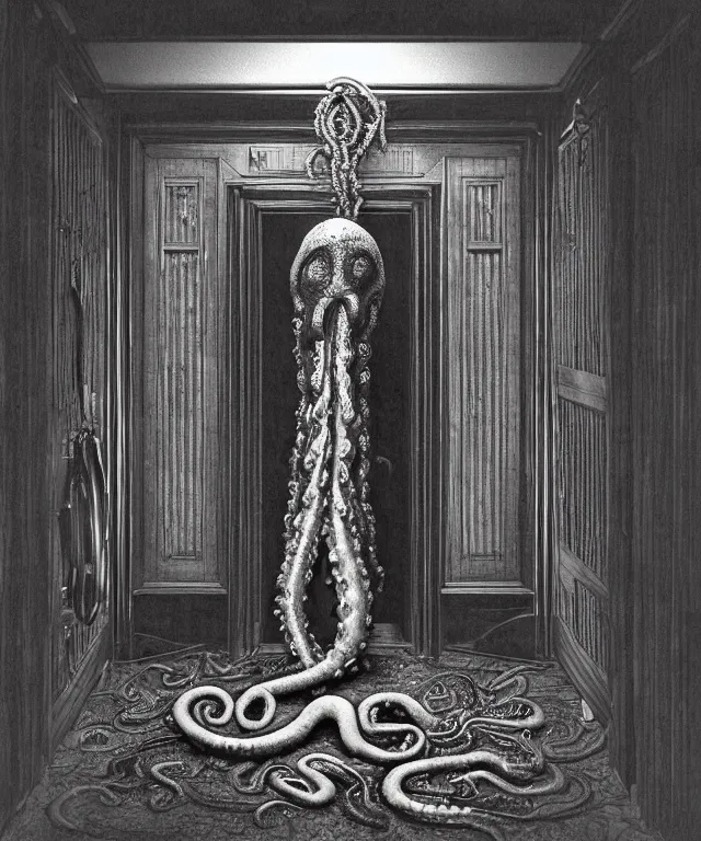 Image similar to horrifying photorealistic image of a 1 9 2 5 hotel elevator lobby, elevator doors look like a mouth, with a tentacle - shaped tongue, licking out, dark, atmospheric, brooding, smooth, finely detailed, cinematic, epic, lovecraft, in the style of lee gibbons