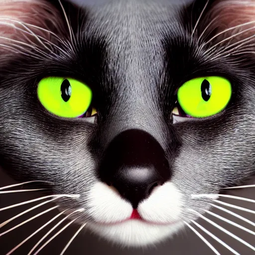 Prompt: cute black cat with white whiskers and green eyes, bowtie, high detail, rendered in octane, pixar style, studio photography