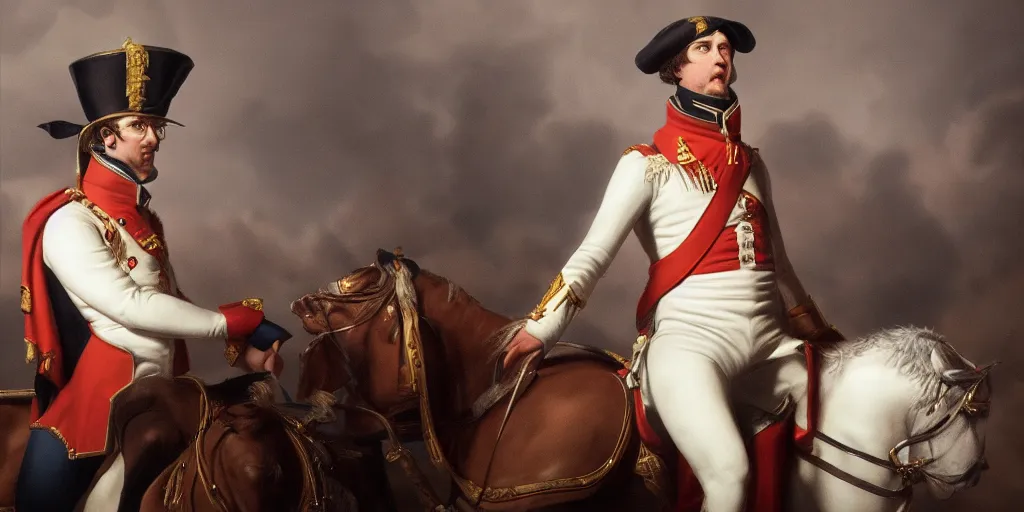 Image similar to napoleon at a talk show, natural lighting, realistic, cinematic, close shot, stolen footage, octane render