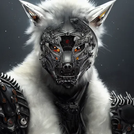 Prompt: portrait painting of a cybernetic werewolf warrior with white fur and silver fangs wearing black power armor, ultra realistic, concept art, intricate details, eerie, highly detailed, photorealistic, octane render, 8 k, unreal engine. art by artgerm and greg rutkowski and alphonse mucha