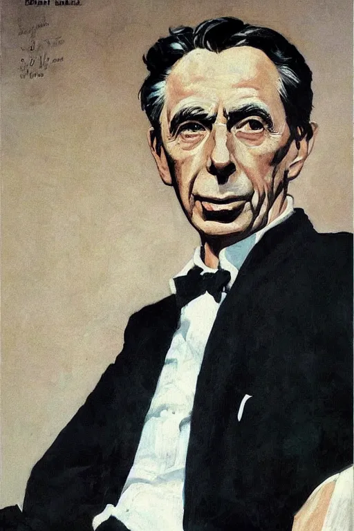 Image similar to “portrait of Bertrand Russell as James Bond, by Robert McGinnis”