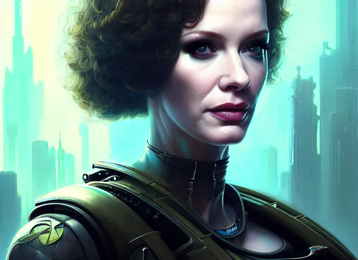 Image similar to portrait shot of a christina hendricks wearing cyberpunk clothing in cyberpunk 2 0 7 7, intricate, elegant, highly detailed, centered, digital painting, artstation, concept art, smooth, sharp focus, illustration, artgerm, tomasz alen kopera, peter mohrbacher, donato giancola, joseph christian leyendecker, wlop, boris vallejo