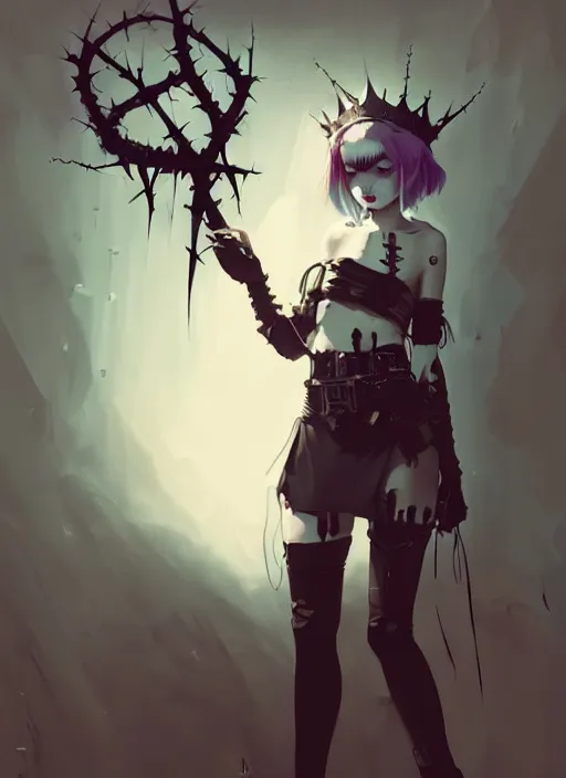 Image similar to cute goth maiden girl with crown of thorns and white short hairs, dressed in leather belts, warhammer, cyberpunk, by atey ghailan, by greg rutkowski, by greg tocchini, by james gilleard, by joe gb fenton, by kaethe butcher, dynamic lighting, gradient light blue, brown, blonde cream and white color in scheme, grunge aesthetic