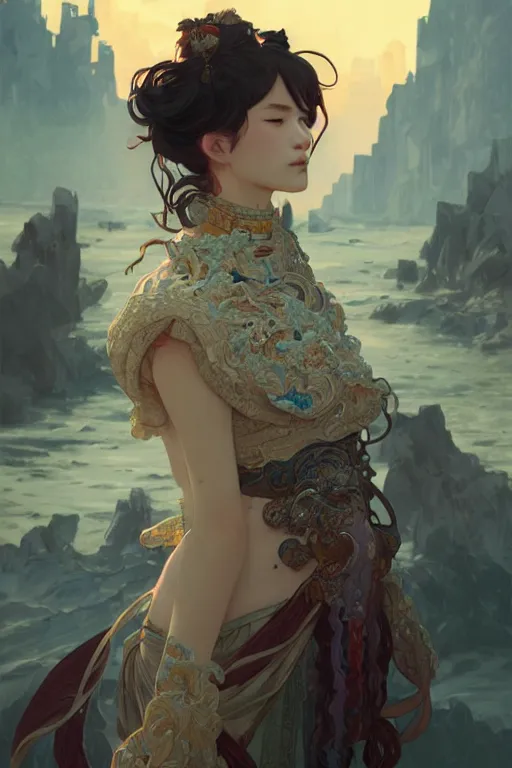 Image similar to portrait genshin characters, in ruined Atlantis Sunrise, ssci-fi and fantasy, intricate and very beautiful and elegant, highly detailed, digital painting, artstation, concept art, smooth and sharp focus, illustration, art by tian zi and WLOP and alphonse mucha