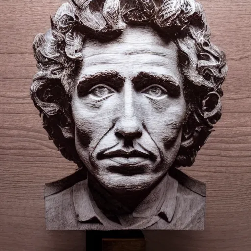 Prompt: accurate sculpture portrait of a bob dylan, symmetrical face, carved out of red oak wood on a pedestal art by vincent van gogh, dramatic lighting, artsy, 8 k