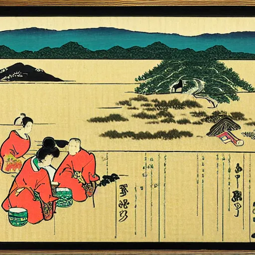 Image similar to a farm next to a lake in the style of ukiyo - e