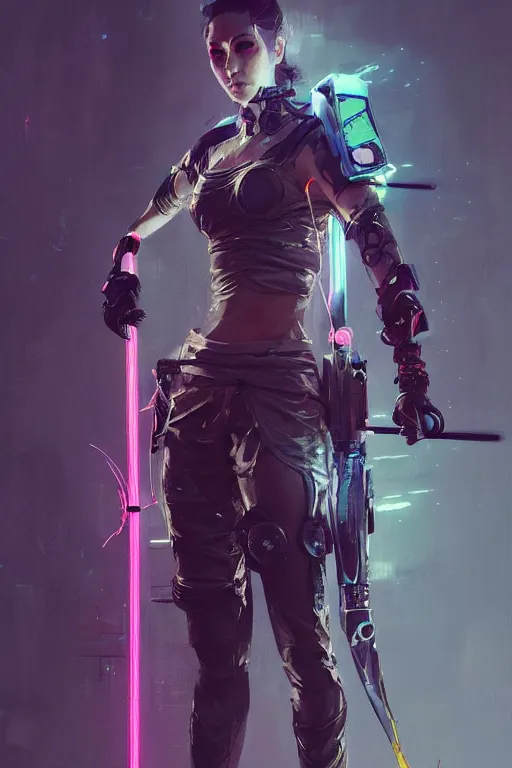 Image similar to female archer, cyberpunk futuristic neon. fencing, long sword in her hand, decorated with traditional japanese ornaments by ismail inceoglu dragan bibin hans thoma greg rutkowski alexandros pyromallis nekro rene maritte illustrated, perfect face, fine details, realistic shaded, fine - face, pretty face, masterpiece