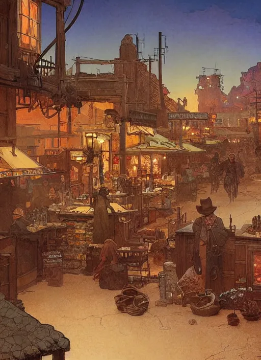 Image similar to beautiful commission of a desert western town. Atmospheric. Renowned scene illustration by greg rutkowski, thomas kindkade, alphonse mucha, loish, norman rockwell. detailed, inked, western comic book art