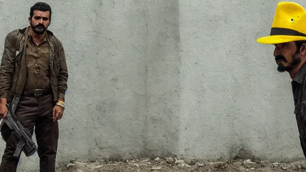 Prompt: A still of El Mencho from the Narcos: Mexico TV show, yellow lighting