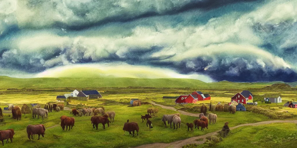 Image similar to a beautiful painting of a icelandic farm, icelandic horses galloping, storm clouds gathering over the town, by studio ghibli 8 k pastel colours, isometric drone shot smeared watercolours, golden light film grain