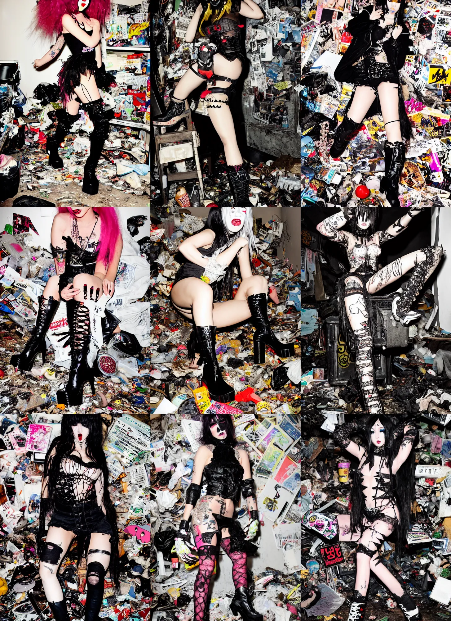 Prompt: photo of lace monster girl wearing ripped up dirty Swear kiss monster teeth platform boots in the style of Ryan Trecartin in the style of 1990's FRUiTS magazine 20471120 in japan in a dirty dark dark dark poorly lit bedroom full of trash and garbage server racks and cables everywhere in the style of Juergen Teller in the style of Shoichi Aoki, japanese street fashion, KEROUAC magazine, Walter Van Beirendonck W&LT 1990's, Vivienne Westwood, y2K aesthetic