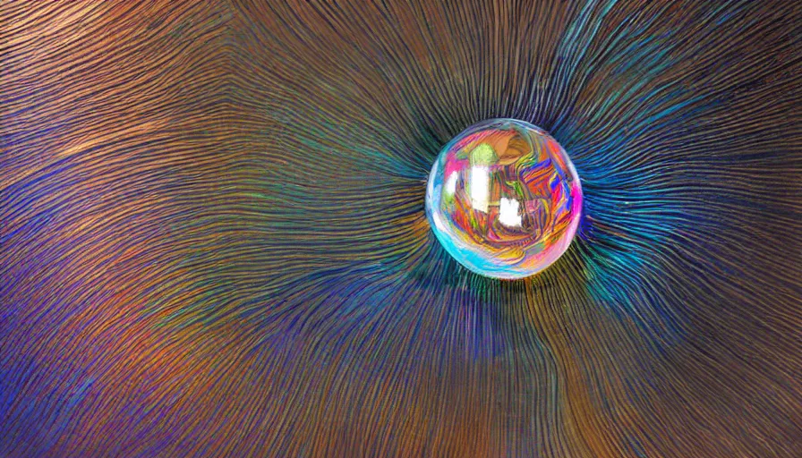 Image similar to fantastical, sweeping, metallic collage, painstakingly precise and meticulously delicate layers of mylar rainbow sculptures of a human squid embryo inside a copper sulphate sphere. perfect focus and discrete smooth bezier outlines. 3 5 mm film, flood lighting, museum display