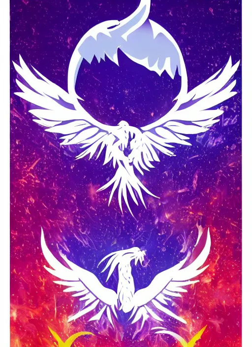 Prompt: white phoenix on salt crystals simple background simplified stylised poster art neat graphic design style holistic on orange and purple flames