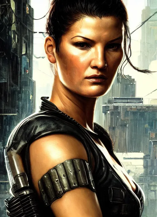 Image similar to gina carano. cyberpunk mercenary in a military vest ( blade runner 2 0 4 9, cyberpunk 2 0 7 7 ). orientalist portrait by john william waterhouse and james gurney and theodore ralli and nasreddine dinet, oil on canvas. cinematic, hyper realism, realistic proportions, dramatic lighting, high detail 4 k