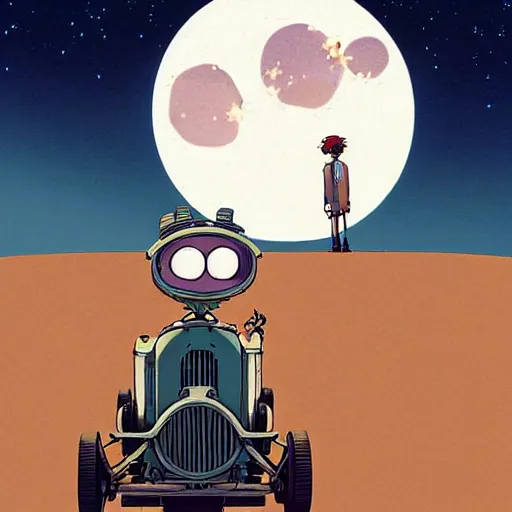 Image similar to a study of cell shaded cartoon of a mechanized hare from howl's moving castle ( 2 0 0 4 ) on a desert road, in front of a big moon, full body, wide shot, very muted colors, post grunge, studio ghibli, laurie greasley, highly detailed, deviantart, art by artgem