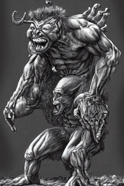 Prompt: humanoid hunched figure troll with 1 horn, ogre, fantasy, highly detailed, digital art, sharp focus, trending on art station, kentaro miura manga art style