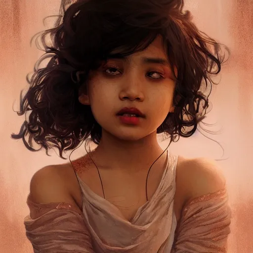 Prompt: a brown asian vampire girl, child, freckles, enigmatic look, elegant dress, fangs, messy curly hair, embers intricate and very beautiful and elegant, highly detailed, digital painting, artstation, concept art, smooth and sharp focus, cg by tian zi and wlop and alphonse mucha