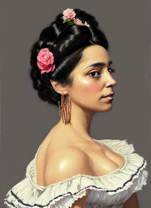 Image similar to 3 / 4 view of a portrait of a hispanic woman in victorian clothing, confident pose, intricate, elegant, sharp focus, illustration, highly detailed, concept art, matte, trending on artstation, anime, art by james jean and artgerm and brian despain and alberto mielgo, greg rutkowski, wlop, ilya kuvshinov, strong strokes