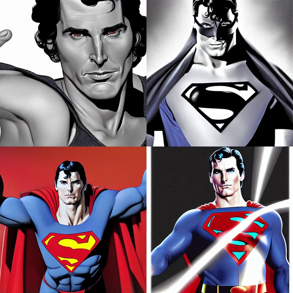 Prompt: Christian Bale as Superman, photorealistic digital painting, digital art by brian bolland by alex ross
