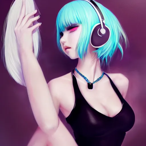 Image similar to realistic teasing detailed semirealism beautiful gorgeous cute Blackpink Lalisa Manoban white hair white cat ears blue eyes, wearing black camisole outfit, headphones, black leather choker full HD 4K high resolution quality WLOP, Aztodio, Taejune Kim, Guweiz, Pixiv, Instagram, Artstation