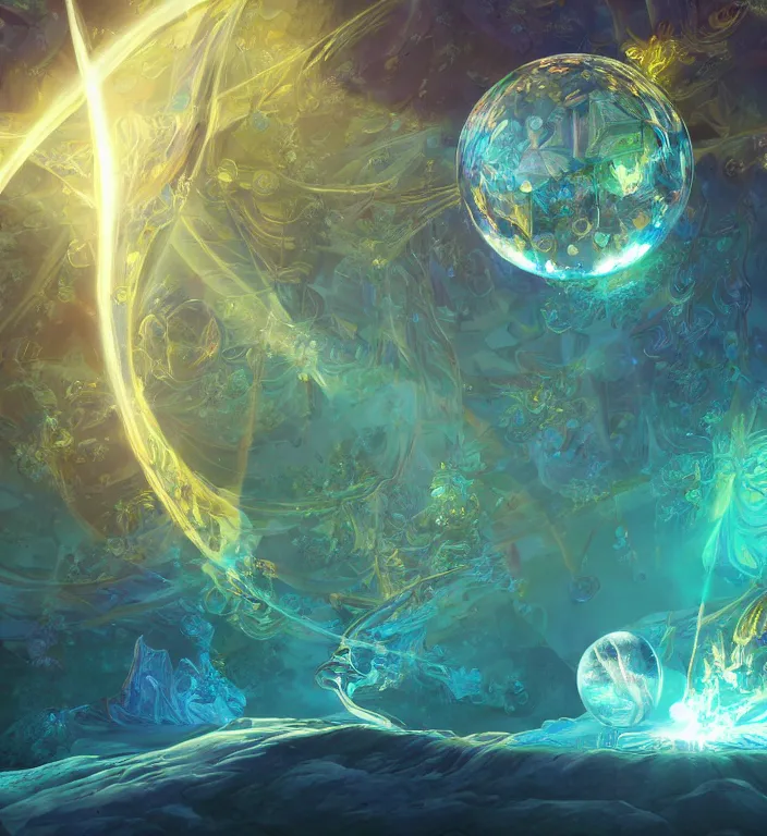 Image similar to a magical and exquisite fantasy illustration of a faceted crystal ball fractal in water + prism + god rays + dramatic lightning + backlit + specular highlights + ambient occlusion + global illumination + bump map + reflective + caustics + refractive + unreal engine 5 + DOF + sharp focus, digital artwork by Dan Mumford and Peter Mohrbacher and Ash Thorp