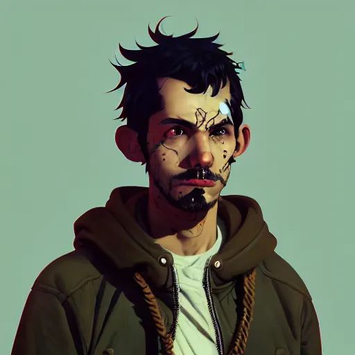 Image similar to highly detailed portrait of a sewer punk guy worker, thirties, black hair, brown eyes, tartan hoody, short curly hair by atey ghailan, by greg rutkowski, by greg tocchini, by james gilleard, by joe fenton, by kaethe butcher, gradient blue, brown, light blue and white color scheme,