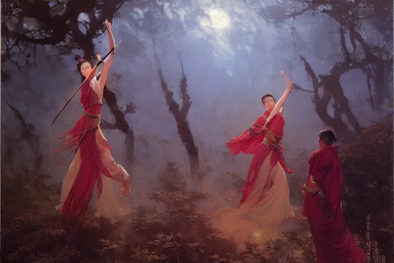 Image similar to wuxia, forest, moonlight, painting by gaston bussiere, craig mullins, j. c. leyendecker, artgerm, agostino arrivabene, vanessa beecroft, ankazhuravleva