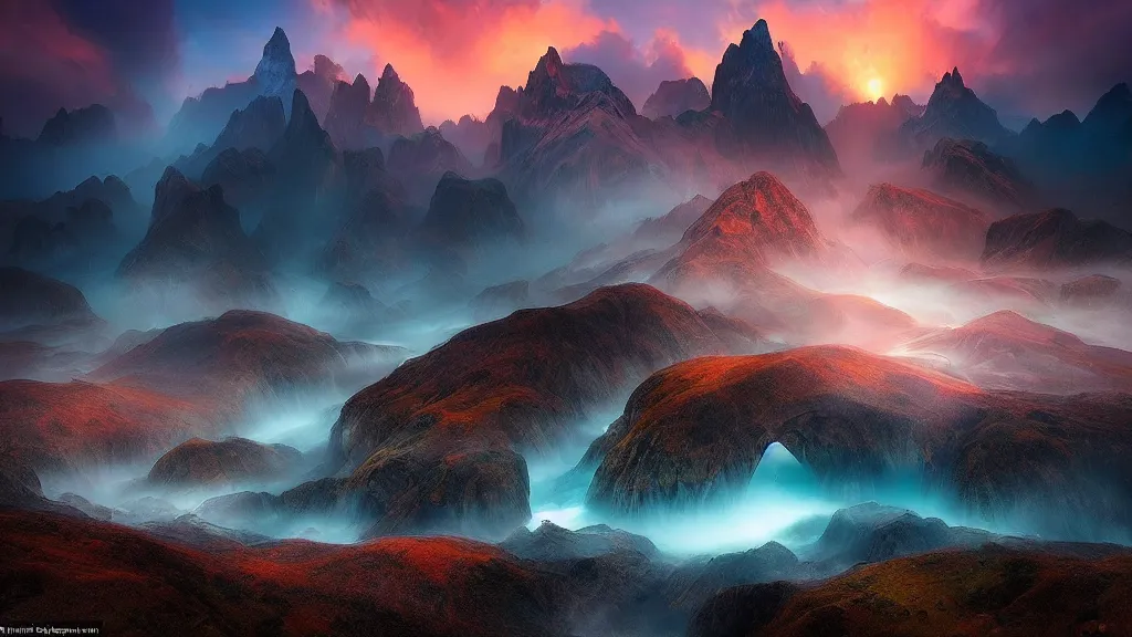 Image similar to amazing landscape photo of a fantasy world by marc adamus, beautiful dramatic lighting