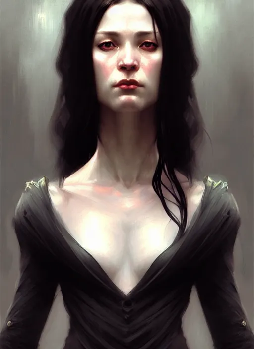 Image similar to character concept portrait of a female wizard with pale skin, dark vibe, intricate, elegant, digital painting, concept art, smooth, sharp focus, illustration, from Metal Gear, by Ruan Jia and Mandy Jurgens and William-Adolphe Bouguereau, Artgerm,