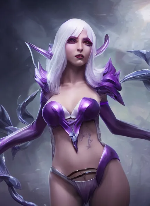 Prompt: syndra, from league of legends, white hair, purple magic, hyper detailed, digital art, au naturel, with abs, trending in artstation, cinematic lighting, studio quality, smooth render, unreal engine 5 rendered, octane rendered, art style by klimt and nixeu and ian sprigger and wlop and krenz cushart