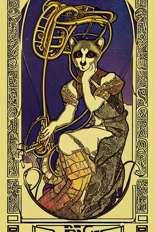 Image similar to Tarot card illustration of The Raccoon Playing a Tuba, illustration by Alphonse Mucha, art nouveau style, elaborate details, 4k