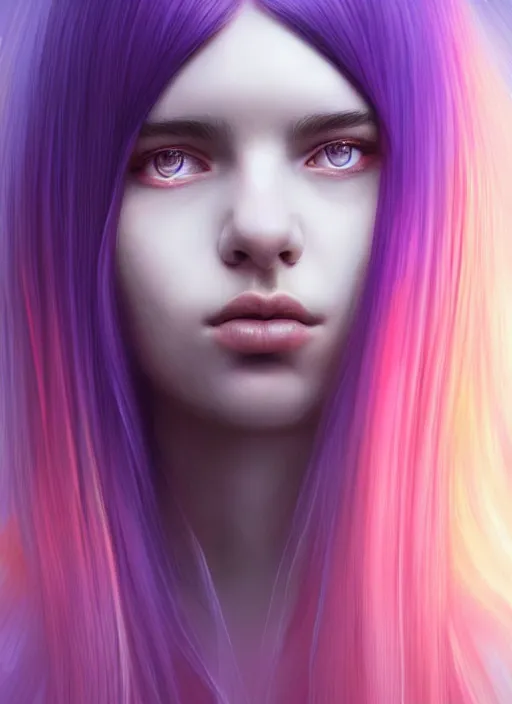 Image similar to hair whitebangs hair, black hair, whitebangs, portrait of teenage girl with white bangs, red irises, purple clothes, white bangs, bangs are different color from hair, intricate, elegant, glowing lights, highly detailed, digital painting, artstation, concept art, smooth, sharp focus, illustration, art by wlop, mars ravelo and greg rutkowski