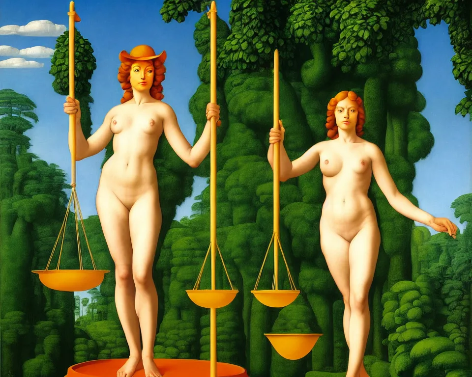 Prompt: lady justice in the jungle by raphael, hopper, and rene magritte. detailed, romantic, enchanting, trending on artstation.